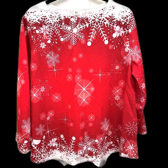 Unknown Tops - Red and White Holiday Snowflake Blouse